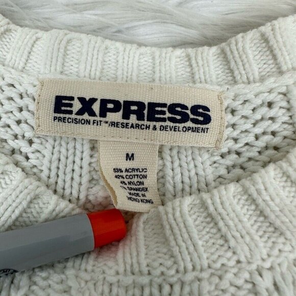Express Women’s Off-White Y2K Cable Knit 3/4 Sleeve Crew Neck Sweater M/C32 - Picture 6 of 9